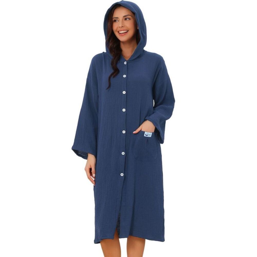 Cheibear Women's Hooded Lightweight Cotton Robe - Navy Blue (Medium)